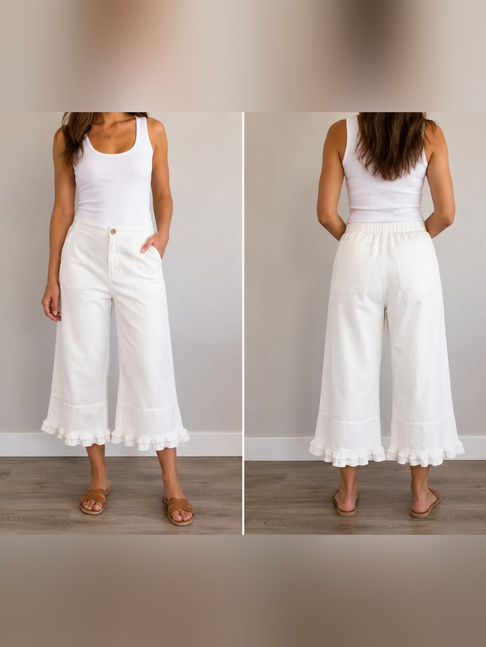 Imily Bela NWT White Wide Leg Crop Pants Ruffle Hem Cotton Size 8 Cottagecore